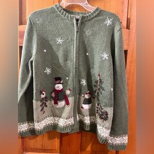 Croft & Barrow Sweater Womens M Zip Cardigan Snowman Embroidered Winter Holiday